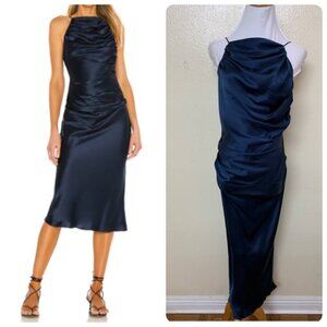 Amanda Uprichard GEORGINA Midi Satin Silk Ruched Dress MEDIUM in INK BLUE $277